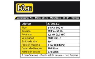 Compresor de Aire Bta CA3 272063 100L 116psi 3HP