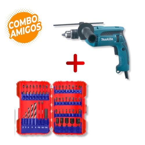 Taladro Percutor Makita HP1640 13mm 760W + Mechas y Puntas Emtop 45pzs Taladro Percutor Makita HP1640 13mm 760W + Mechas y Puntas Emtop 45pzs