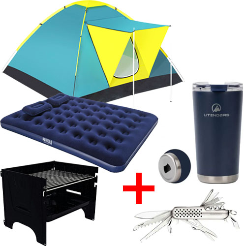 Carpa para Camping + Colchón Pavillo + Vaso Utendors + Parilla + Multi-Herramienta Tramontina