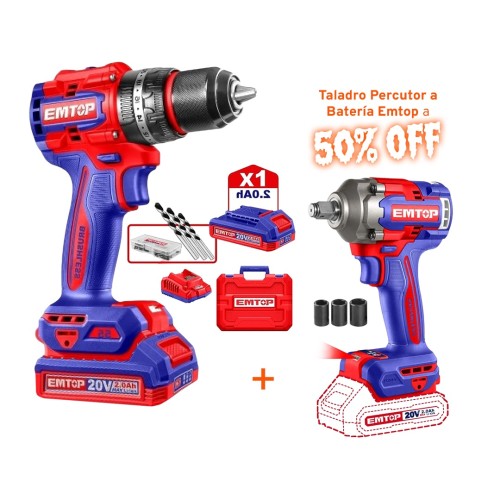 Llave de Impacto a Batería enc.1/2'' 400Nm + Taladro Percutor a Batería Emtop 13mm 20V