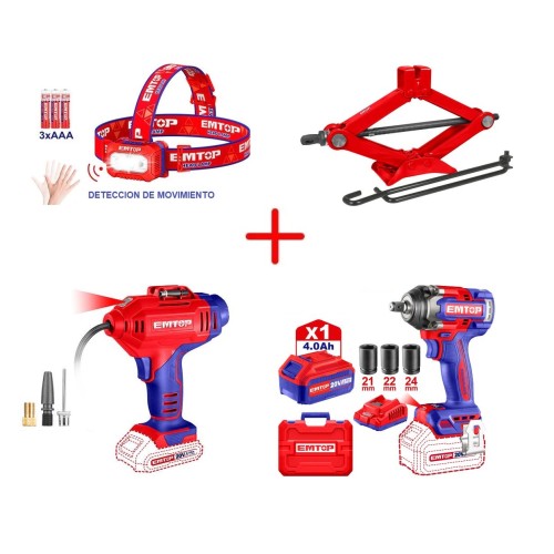 Llave de Impacto + Inflador a Batería + Gato Hidráulico + Linterna para Cabeza Emtop Llave de Impacto + Inflador a Batería + Gato Hidráulico + Linterna para Cabeza Emtop