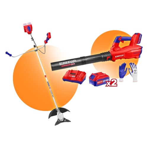 Desmalezadora a Batería Emtop ELMR 33cm + Soplador a Batería Emtop ELAB 20V con Accesorios