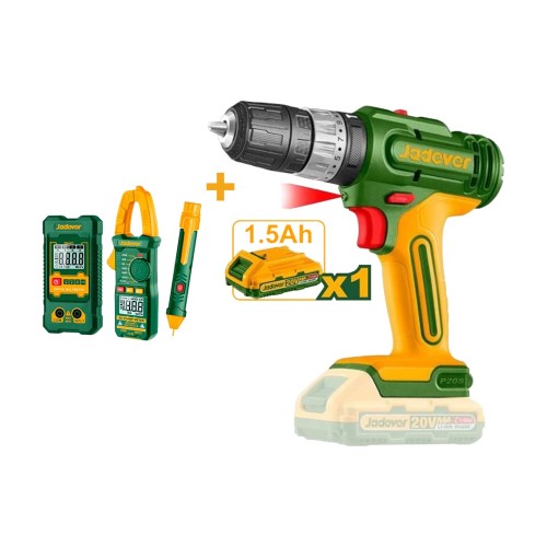 Taladro a Batería Jadever 10mm 20V + Multímetro, Pinza Amperimétrica y Detector