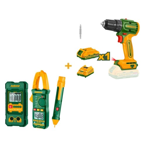 Taladro Atornillador Jadever 10mm 20V + Multímetro, Pinza Amperimétrica y Detector Taladro Atornillador Jadever 10mm 20V + Multímetro, Pinza Amperimétrica y Detector