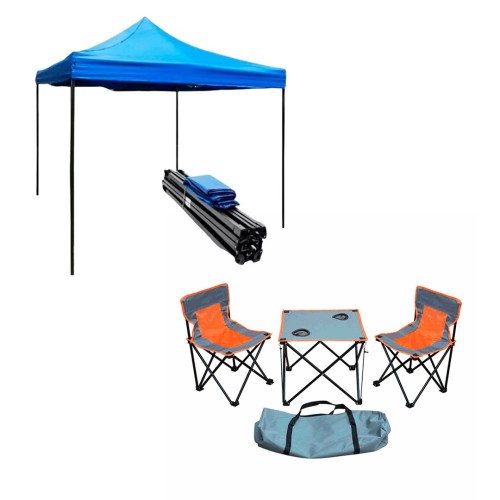 Toldo Plegable Level 3mx3m Azul + Sillas y Mesas Plegables Level LVS Acero 3pzs