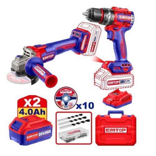 Taladro + Amoladora a Batería Emtop ECKL20273 20V +Acc Taladro + Amoladora a Batería Emtop ECKL20273 20V +Acc