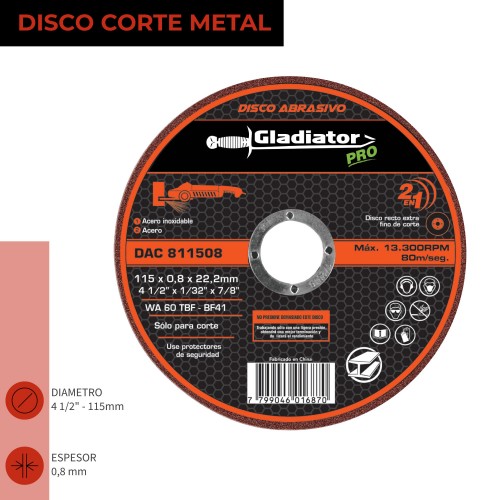 Disco de Corte Metal Gladiator Pro 115mm x 0,8mm