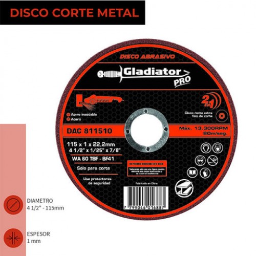 Disco de Corte Metal Gladiator Pro 115mm x 1,0mm x10u