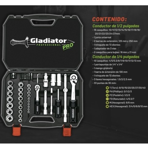 Llaves Tubo y Puntas Gladiator Pro enc.1/4'' y 1/2'' 73pzs Llaves Tubo y Puntas Gladiator Pro enc.1/4'' y 1/2'' 73pzs