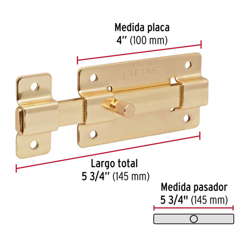 Cerrojo Pasador Hermex 43726 4'' Latón