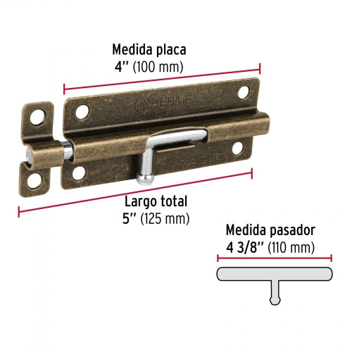 Cerrojo Pasador Hermex 45725 10cm Latón Antiguo