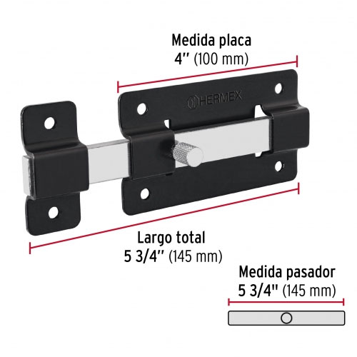 Cerrojo Pasador Hermex 47930 10cm Acero Negro