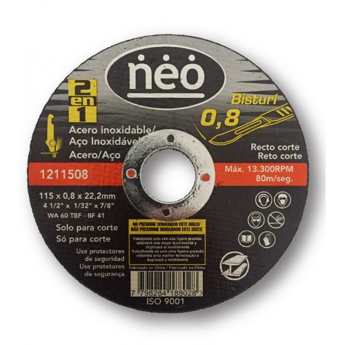 Disco de Corte Metal Neo 1211508 115mm x 0,8mm Inox.