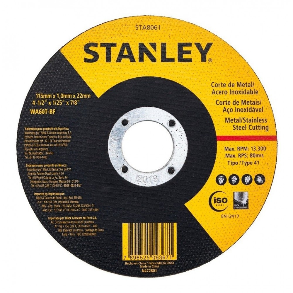 Disco de Corte Metal Stanley STA8061 115mm x 1mm Inox.