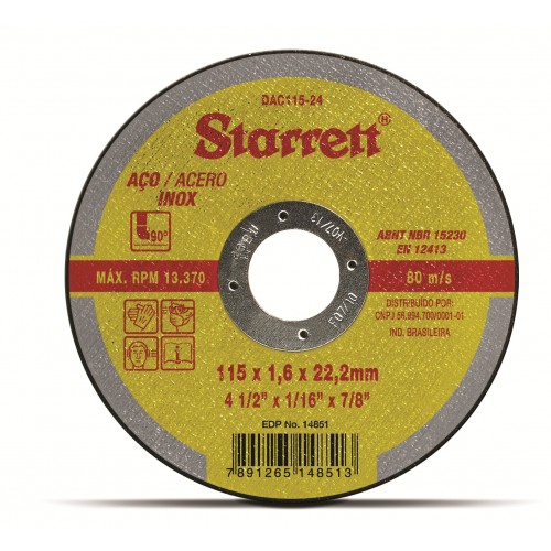 Disco de Corte Acero Inox Starrett 115mm x 1,6mm