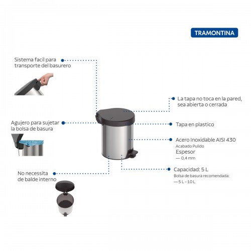 Basurero Tramontina 94538 Acero Inox. Tapa Pedal 5L