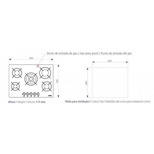 Placa de Cocina Tramontina a Gas 5 Hornallas 69cm Negro