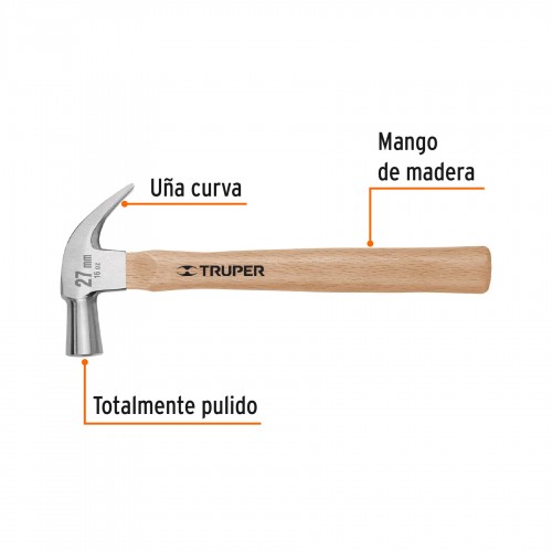 Martillo Uña Truper 10560 27mm 16oz (450g) Mango Madera