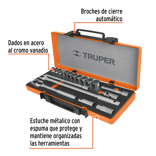 Llaves Tubo Hex. Truper 13936 enc.1/2" 19pzs 10-21mm