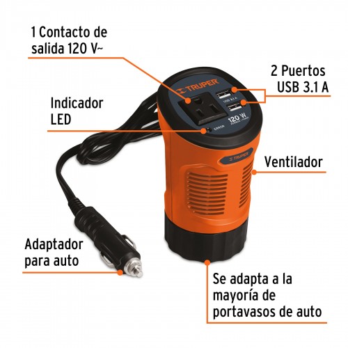 Inversor de Corriente Truper 15725 12V < 120V 120W + USB