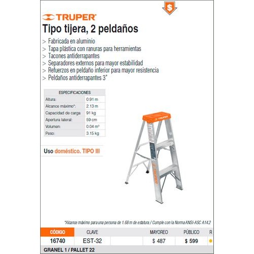 Escalera Tijera Truper 16740 Aluminio 2pel. 0,9m