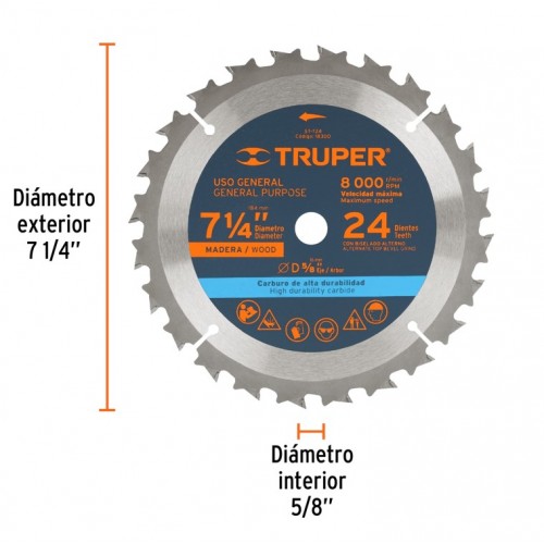 Hoja Sierra Circular Truper 18300 Madera 184mm 24di