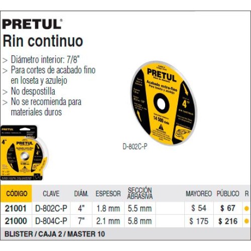Disco de Corte Pretul 21001 Diamante Rin Continuo 100mm