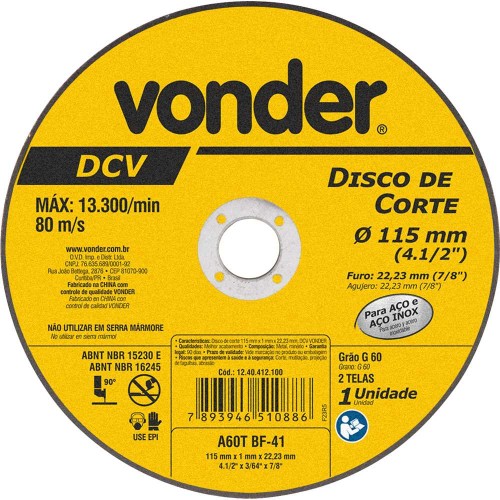 Disco de Corte Acero Inox Vonder DCV 115mm x 1mm x25u Disco de Corte Acero Inox Vonder DCV 115mm x 1mm x25u