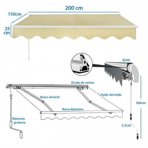 Toldo Parasol iGPro IGTBRT2 Retráctil 2x1,5m Beige