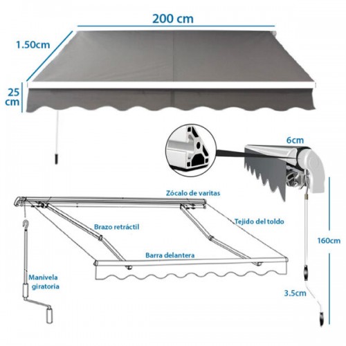 Toldo Parasol iGPro IGTBRT2 Retráctil 2x1,5m Gris